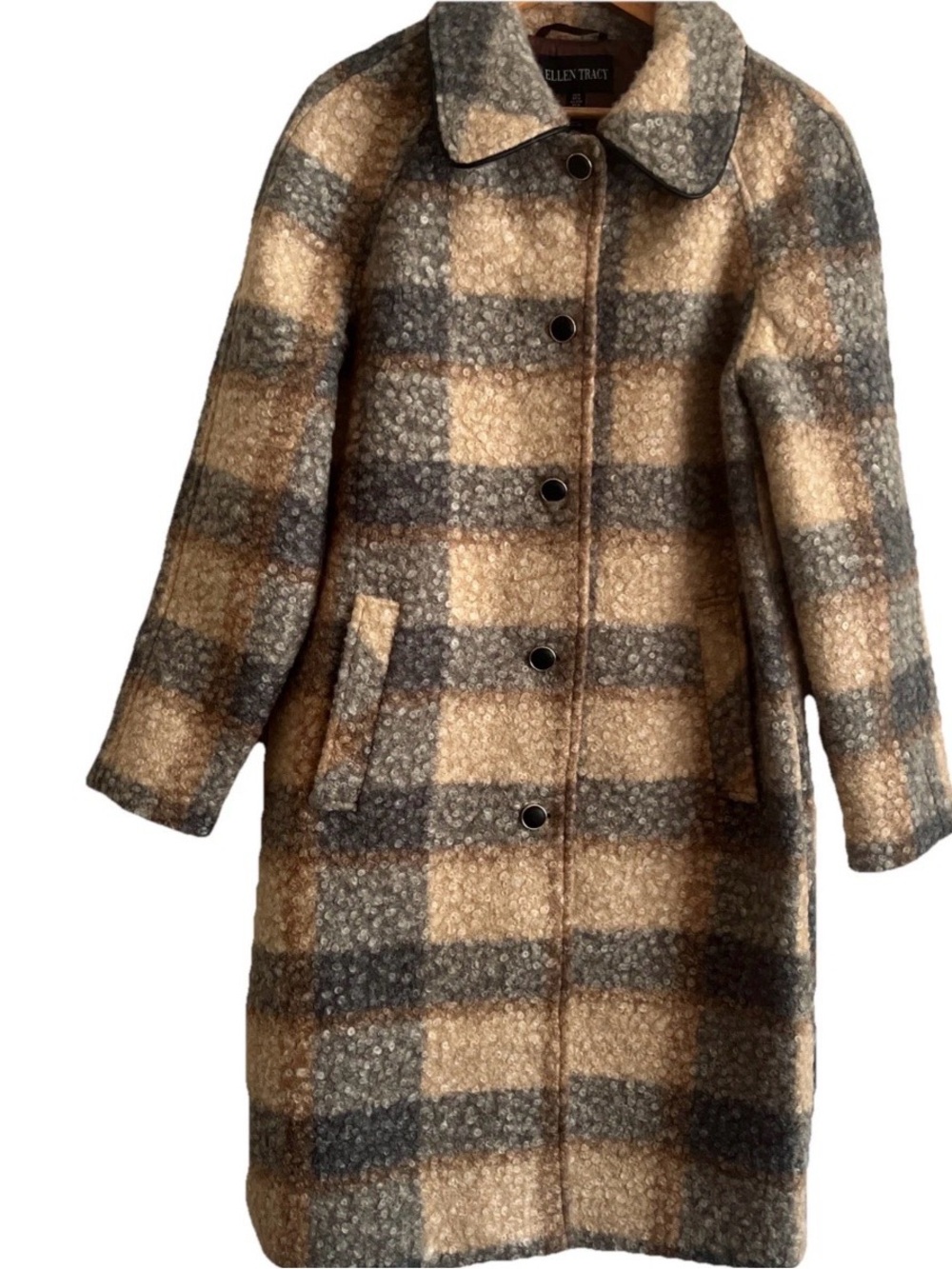 Ellen Tracy Plaid Bouclé Pea Coat in Beige and Gray fuzzy texture cottage core